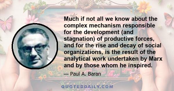 Much if not all we know about the complex mechanism responsible for the development (and stagnation) of productive forces, and for the rise and decay of social organizations, is the result of the analytical work