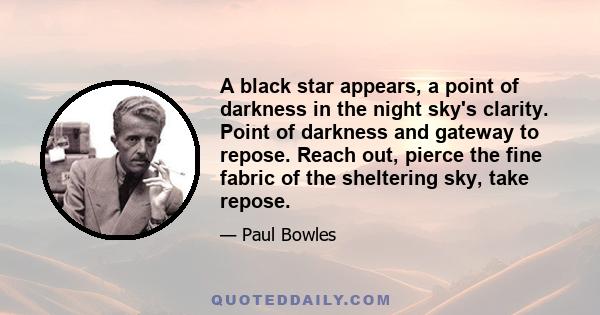 A black star appears, a point of darkness in the night sky's clarity. Point of darkness and gateway to repose. Reach out, pierce the fine fabric of the sheltering sky, take repose.