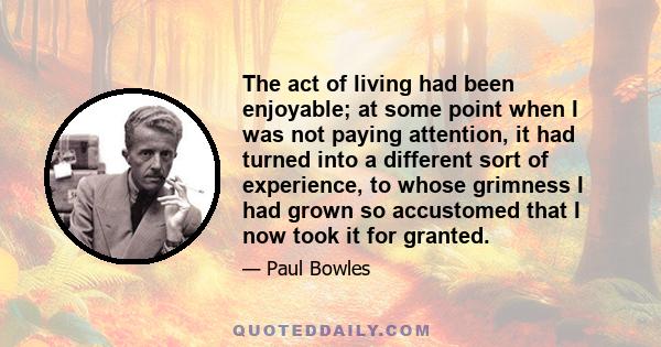 The act of living had been enjoyable; at some point when I was not paying attention, it had turned into a different sort of experience, to whose grimness I had grown so accustomed that I now took it for granted.