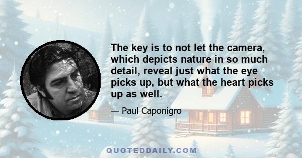 The key is to not let the camera, which depicts nature in so much detail, reveal just what the eye picks up, but what the heart picks up as well.