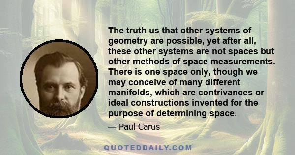 The truth us that other systems of geometry are possible, yet after all, these other systems are not spaces but other methods of space measurements. There is one space only, though we may conceive of many different