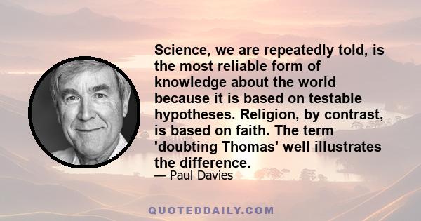 Science, we are repeatedly told, is the most reliable form of knowledge about the world because it is based on testable hypotheses. Religion, by contrast, is based on faith. The term 'doubting Thomas' well illustrates