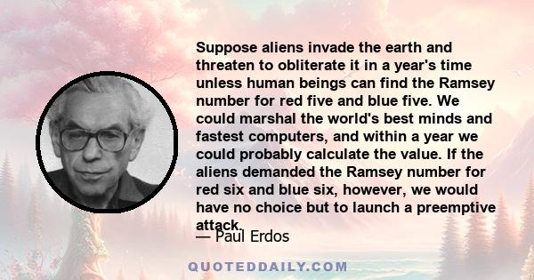 Suppose aliens invade the earth and threaten to obliterate it in a year's time unless human beings can find the Ramsey number for red five and blue five. We could marshal the world's best minds and fastest computers,