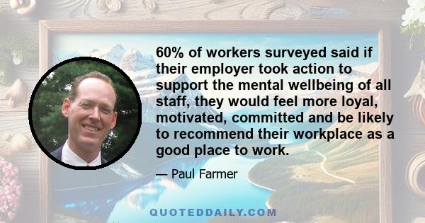 60% of workers surveyed said if their employer took action to support the mental wellbeing of all staff, they would feel more loyal, motivated, committed and be likely to recommend their workplace as a good place to