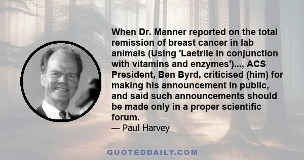 When Dr. Manner reported on the total remission of breast cancer in lab animals (Using 'Laetrile in conjunction with vitamins and enzymes')..., ACS President, Ben Byrd, criticised (him) for making his announcement in