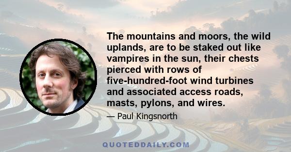 The mountains and moors, the wild uplands, are to be staked out like vampires in the sun, their chests pierced with rows of five-hundred-foot wind turbines and associated access roads, masts, pylons, and wires.