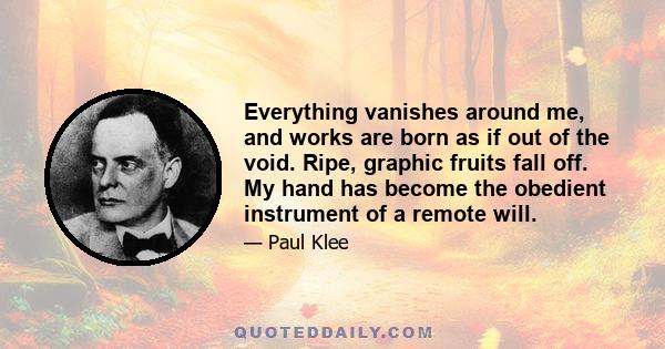 Everything vanishes around me, and works are born as if out of the void. Ripe, graphic fruits fall off. My hand has become the obedient instrument of a remote will.