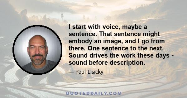 I start with voice, maybe a sentence. That sentence might embody an image, and I go from there. One sentence to the next. Sound drives the work these days - sound before description.