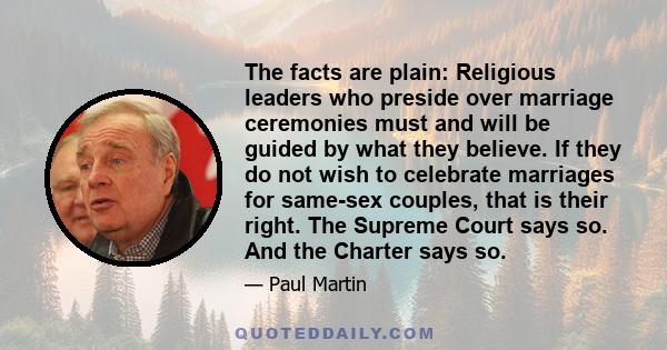 The facts are plain: Religious leaders who preside over marriage ceremonies must and will be guided by what they believe. If they do not wish to celebrate marriages for same-sex couples, that is their right. The Supreme 