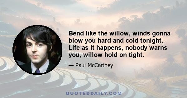 Bend like the willow, winds gonna blow you hard and cold tonight. Life as it happens, nobody warns you, willow hold on tight.