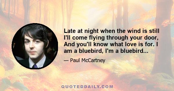 Late at night when the wind is still I'll come flying through your door, And you'll know what love is for. I am a bluebird, I'm a bluebird...