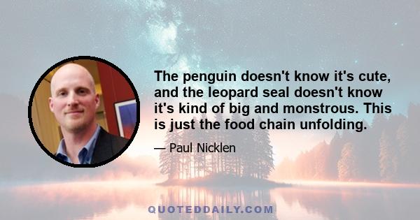 The penguin doesn't know it's cute, and the leopard seal doesn't know it's kind of big and monstrous. This is just the food chain unfolding.