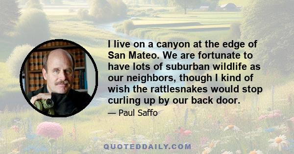 I live on a canyon at the edge of San Mateo. We are fortunate to have lots of suburban wildlife as our neighbors, though I kind of wish the rattlesnakes would stop curling up by our back door.