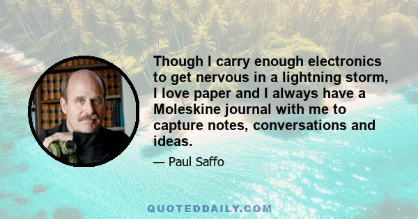 Though I carry enough electronics to get nervous in a lightning storm, I love paper and I always have a Moleskine journal with me to capture notes, conversations and ideas.