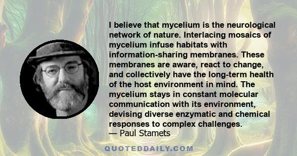 I believe that mycelium is the neurological network of nature. Interlacing mosaics of mycelium infuse habitats with information-sharing membranes. These membranes are aware, react to change, and collectively have the