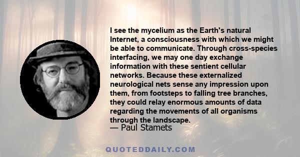 I see the mycelium as the Earth's natural Internet, a consciousness with which we might be able to communicate. Through cross-species interfacing, we may one day exchange information with these sentient cellular