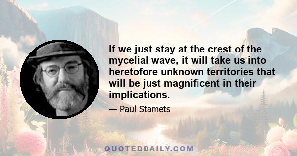 If we just stay at the crest of the mycelial wave, it will take us into heretofore unknown territories that will be just magnificent in their implications.