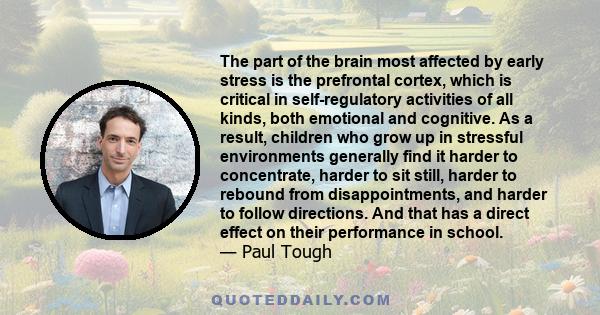 The part of the brain most affected by early stress is the prefrontal cortex, which is critical in self-regulatory activities of all kinds, both emotional and cognitive. As a result, children who grow up in stressful