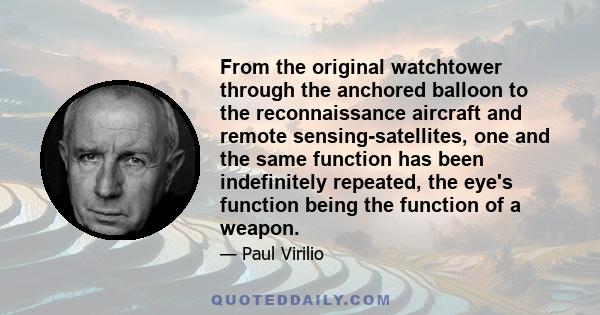 From the original watchtower through the anchored balloon to the reconnaissance aircraft and remote sensing-satellites, one and the same function has been indefinitely repeated, the eye's function being the function of