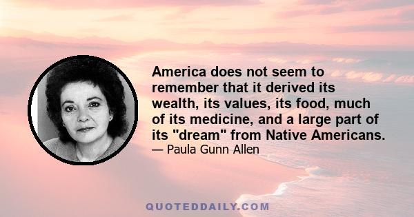 America does not seem to remember that it derived its wealth, its values, its food, much of its medicine, and a large part of its dream from Native Americans.