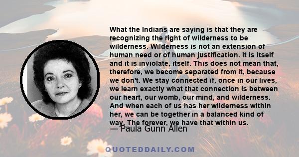 What the Indians are saying is that they are recognizing the right of wilderness to be wilderness. Wilderness is not an extension of human need or of human justification. It is itself and it is inviolate, itself. This