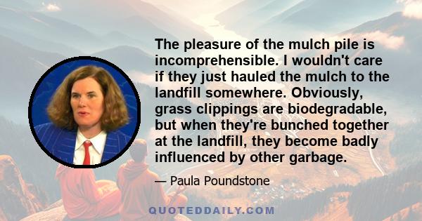 The pleasure of the mulch pile is incomprehensible. I wouldn't care if they just hauled the mulch to the landfill somewhere. Obviously, grass clippings are biodegradable, but when they're bunched together at the