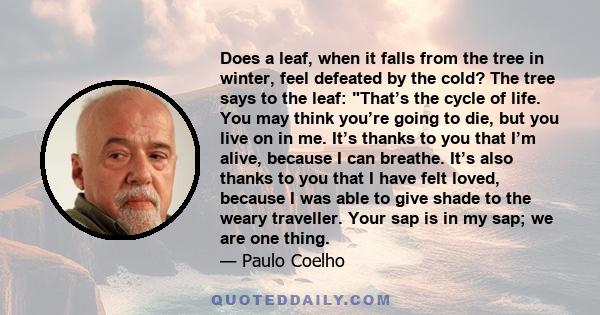 Does a leaf, when it falls from the tree in winter, feel defeated by the cold? The tree says to the leaf: That’s the cycle of life. You may think you’re going to die, but you live on in me. It’s thanks to you that I’m