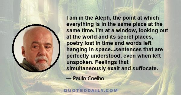 I am in the Aleph, the point at which everything is in the same place at the same time. I'm at a window, looking out at the world and its secret places, poetry lost in time and words left hanging in space...sentences