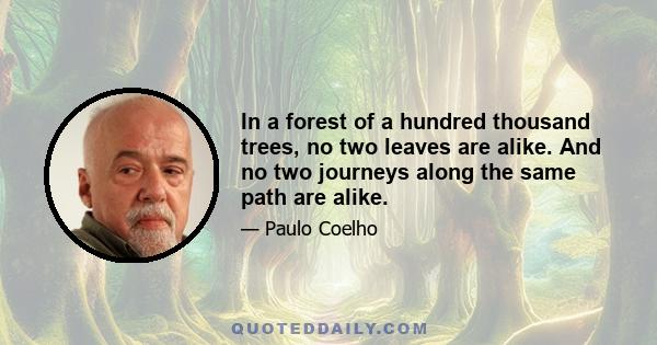 In a forest of a hundred thousand trees, no two leaves are alike. And no two journeys along the same path are alike.