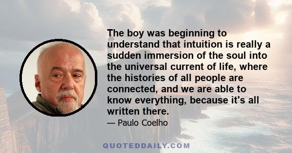 The boy was beginning to understand that intuition is really a sudden immersion of the soul into the universal current of life, where the histories of all people are connected, and we are able to know everything,