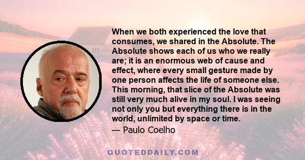 When we both experienced the love that consumes, we shared in the Absolute. The Absolute shows each of us who we really are; it is an enormous web of cause and effect, where every small gesture made by one person