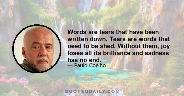 Words are tears that have been written down. Tears are words that need to be shed. Without them, joy loses all its brilliance and sadness has no end.