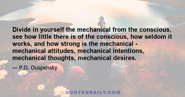 Divide in yourself the mechanical from the conscious, see how little there is of the conscious, how seldom it works, and how strong is the mechanical - mechanical attitudes, mechanical intentions, mechanical thoughts,