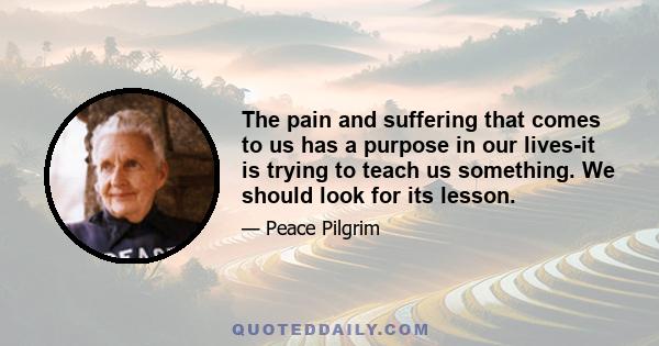 The pain and suffering that comes to us has a purpose in our lives-it is trying to teach us something. We should look for its lesson.