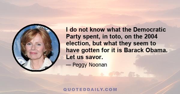 I do not know what the Democratic Party spent, in toto, on the 2004 election, but what they seem to have gotten for it is Barack Obama. Let us savor.