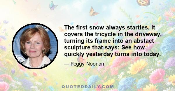 The first snow always startles. It covers the tricycle in the driveway, turning its frame into an abstact sculpture that says: See how quickly yesterday turns into today.