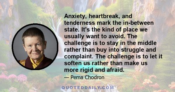 Anxiety, heartbreak, and tenderness mark the in-between state. It's the kind of place we usually want to avoid. The challenge is to stay in the middle rather than buy into struggle and complaint. The challenge is to let 