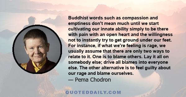 Buddhist words such as compassion and emptiness don't mean much until we start cultivating our innate ability simply to be there with pain with an open heart and the willingness not to instantly try to get ground under