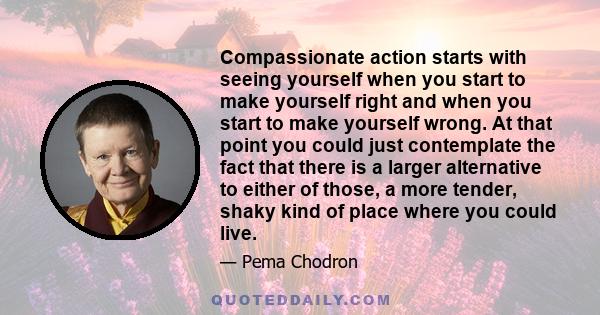 Compassionate action starts with seeing yourself when you start to make yourself right and when you start to make yourself wrong. At that point you could just contemplate the fact that there is a larger alternative to