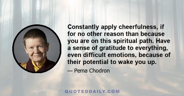 Constantly apply cheerfulness, if for no other reason than because you are on this spiritual path. Have a sense of gratitude to everything, even difficult emotions, because of their potential to wake you up.