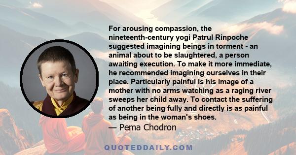 For arousing compassion, the nineteenth-century yogi Patrul Rinpoche suggested imagining beings in torment - an animal about to be slaughtered, a person awaiting execution. To make it more immediate, he recommended