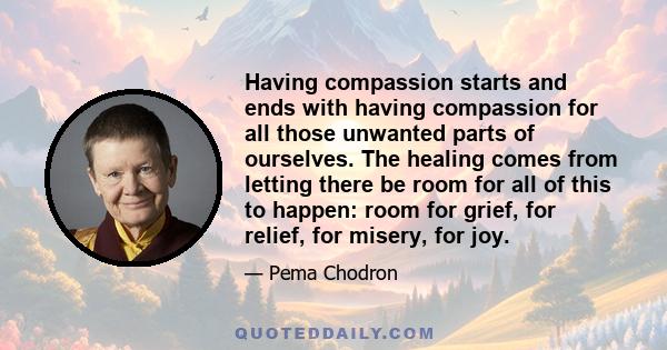 Having compassion starts and ends with having compassion for all those unwanted parts of ourselves. The healing comes from letting there be room for all of this to happen: room for grief, for relief, for misery, for joy.