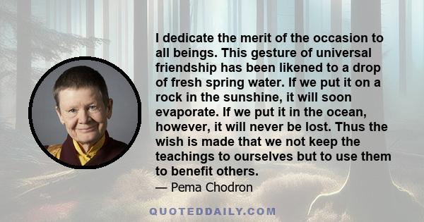 I dedicate the merit of the occasion to all beings. This gesture of universal friendship has been likened to a drop of fresh spring water. If we put it on a rock in the sunshine, it will soon evaporate. If we put it in