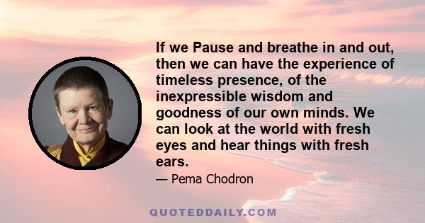 If we Pause and breathe in and out, then we can have the experience of timeless presence, of the inexpressible wisdom and goodness of our own minds. We can look at the world with fresh eyes and hear things with fresh