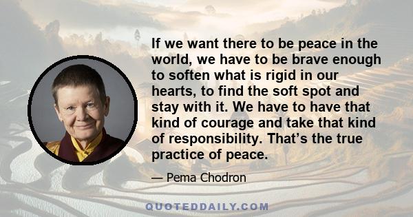 If we want there to be peace in the world, we have to be brave enough to soften what is rigid in our hearts, to find the soft spot and stay with it. We have to have that kind of courage and take that kind of