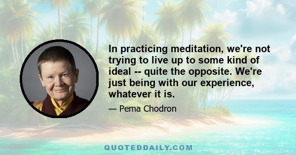 In practicing meditation, we're not trying to live up to some kind of ideal -- quite the opposite. We're just being with our experience, whatever it is.