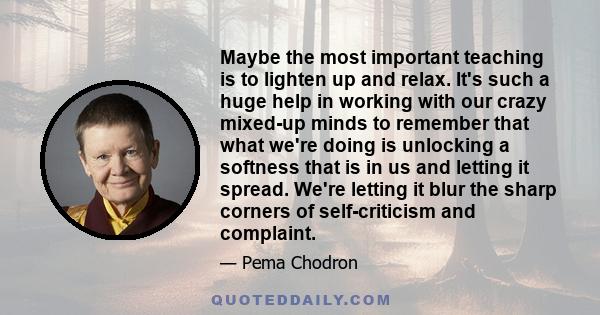 Maybe the most important teaching is to lighten up and relax. It's such a huge help in working with our crazy mixed-up minds to remember that what we're doing is unlocking a softness that is in us and letting it spread. 