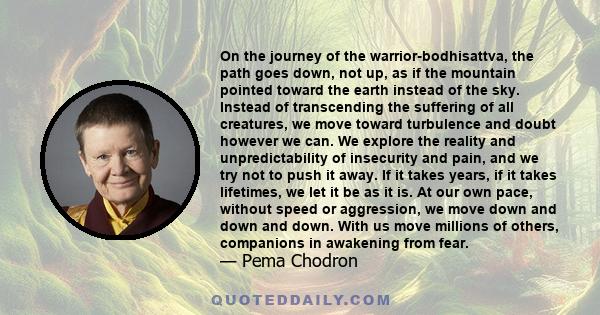 On the journey of the warrior-bodhisattva, the path goes down, not up, as if the mountain pointed toward the earth instead of the sky. Instead of transcending the suffering of all creatures, we move toward turbulence