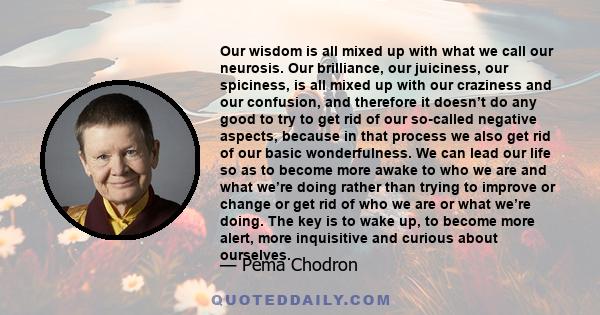 Our wisdom is all mixed up with what we call our neurosis. Our brilliance, our juiciness, our spiciness, is all mixed up with our craziness and our confusion, and therefore it doesn’t do any good to try to get rid of