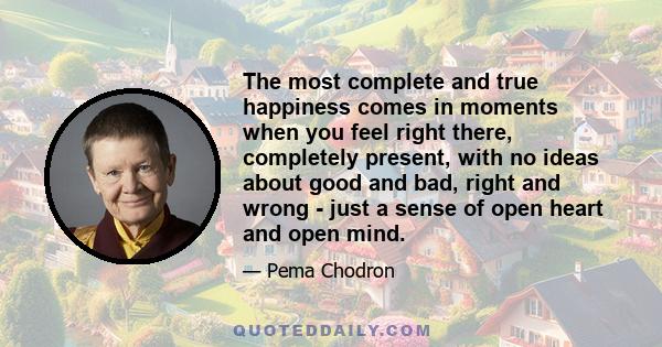 The most complete and true happiness comes in moments when you feel right there, completely present, with no ideas about good and bad, right and wrong - just a sense of open heart and open mind.